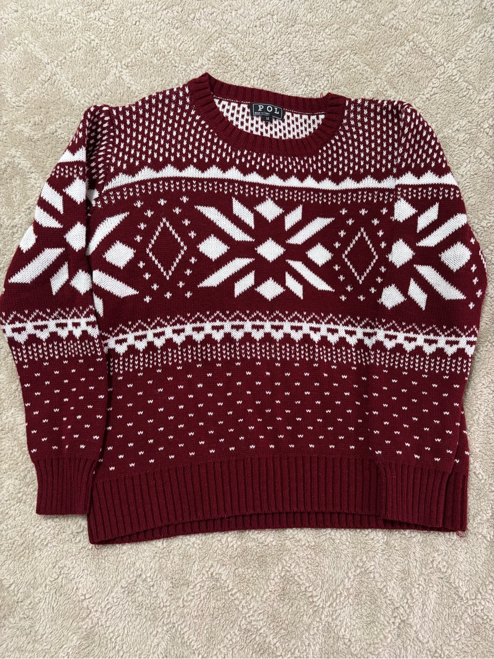 Women's Maroon and White Fair Isle Crewneck Sweater